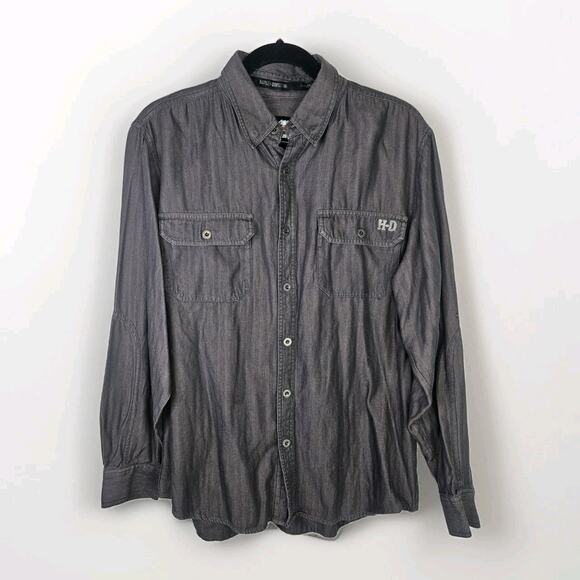 Harley-Davidson Shirt Men's XL Gray Long Sleeve Button Up Collared Pockets Logo - Picture 1 of 9